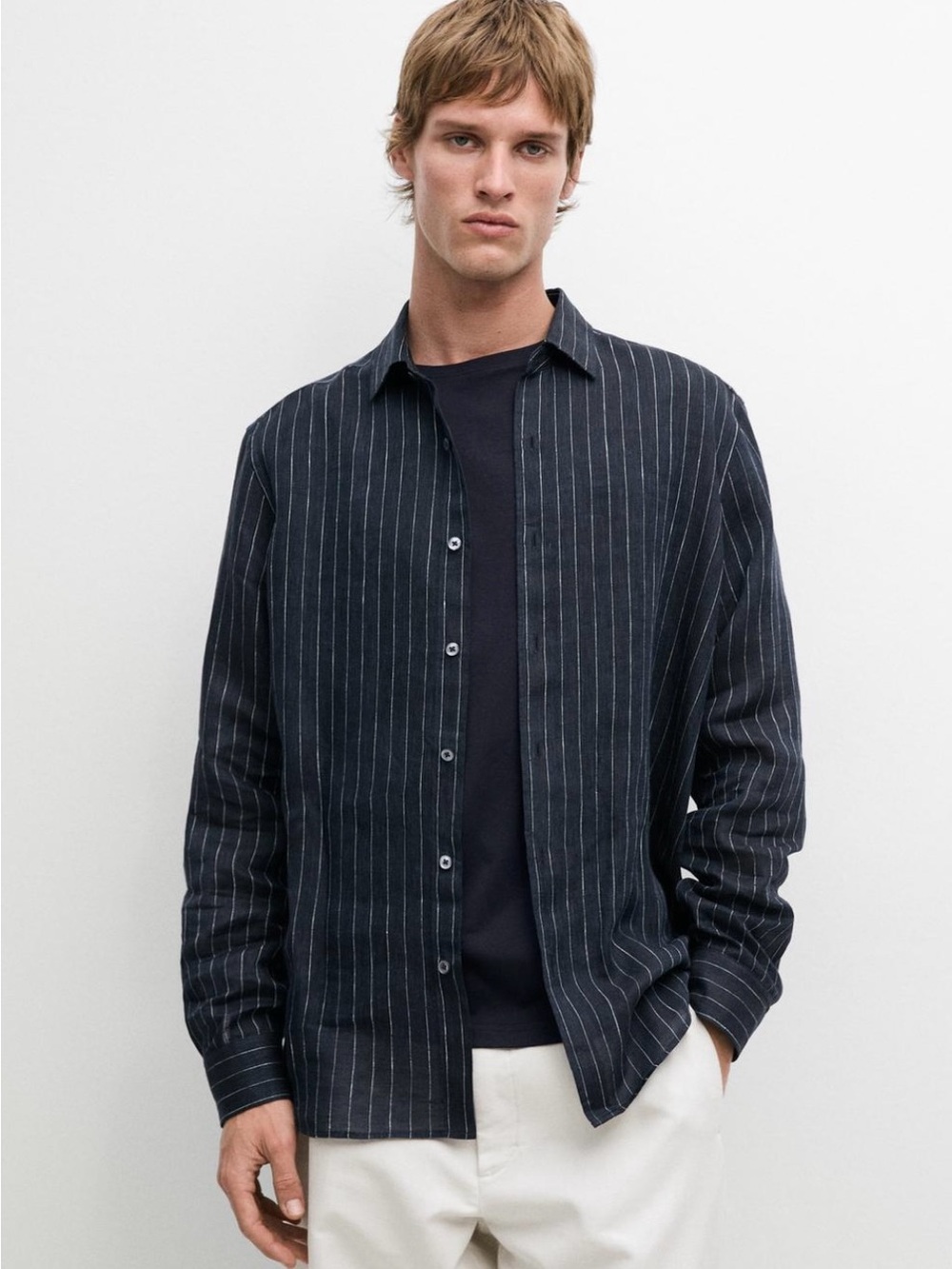 Massimo Dutti navy striped linen Long-Sleeve Button-Down Shirt